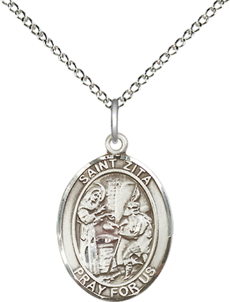 Sterling Silver Saint Zita Pendant on a 18 inch Sterling Silver Light Curb chain