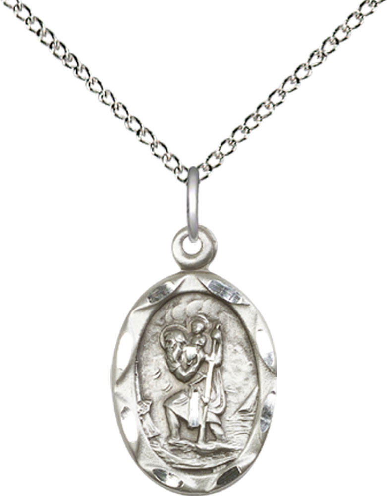 Sterling Silver Saint Christopher Pendant on a 18 inch Sterling Silver Light Curb chain
