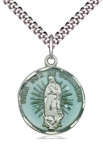 Sterling Silver Our Lady of Guadalupe Pendant on a 24 inch Light Rhodium Heavy Curb chain