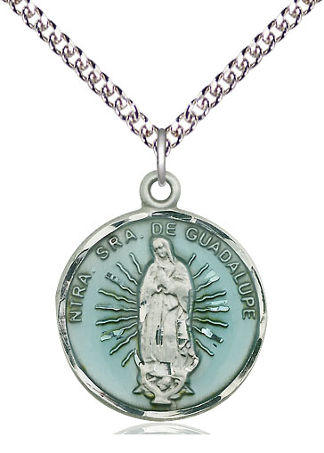 Sterling Silver Our Lady of Guadalupe Pendant on a 24 inch Sterling Silver Heavy Curb chain