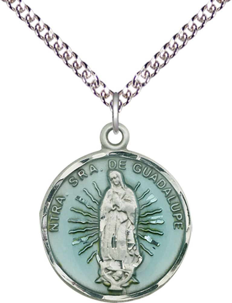 Sterling Silver Our Lady of Guadalupe Pendant on a 24 inch Sterling Silver Heavy Curb chain