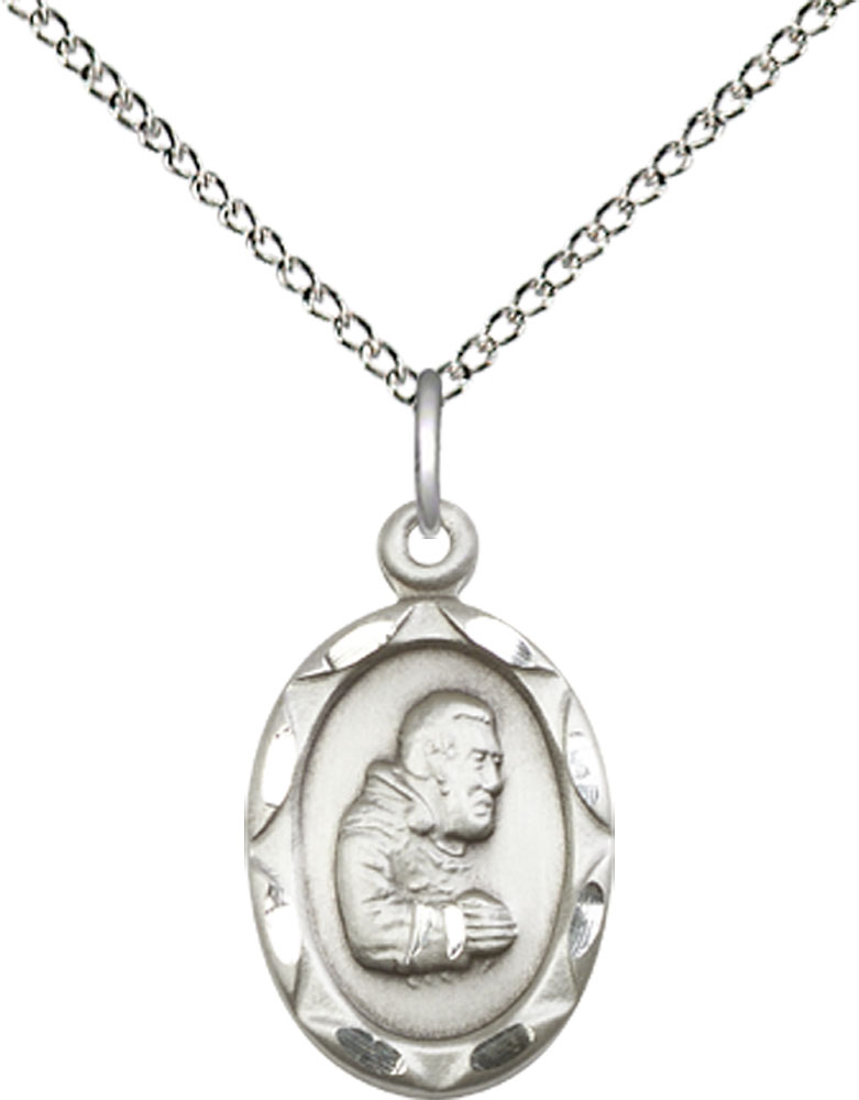 Sterling Silver Saint Pio of Pietrelcina Pendant on a 18 inch Sterling Silver Light Curb chain