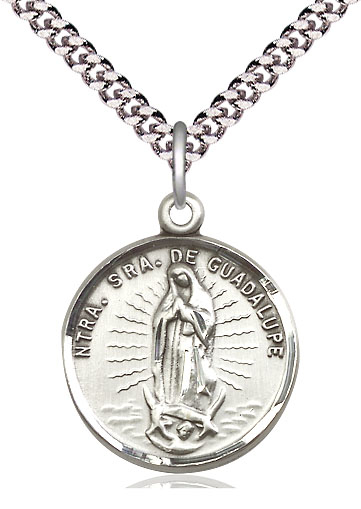 Sterling Silver Our Lady of Guadalupe Pendant on a 24 inch Light Rhodium Heavy Curb chain