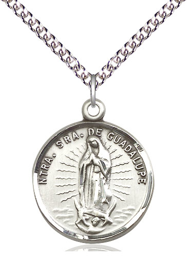 Sterling Silver Our Lady of Guadalupe Pendant on a 24 inch Sterling Silver Heavy Curb chain