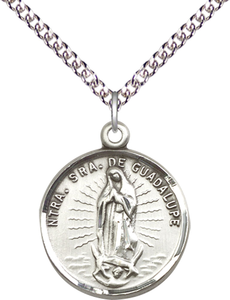 Sterling Silver Our Lady of Guadalupe Pendant on a 24 inch Sterling Silver Heavy Curb chain