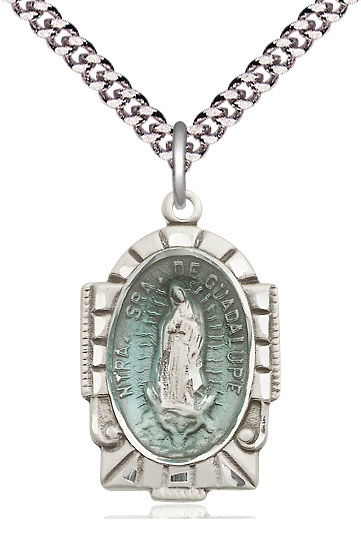 Sterling Silver Our Lady of Guadalupe Pendant on a 24 inch Light Rhodium Heavy Curb chain