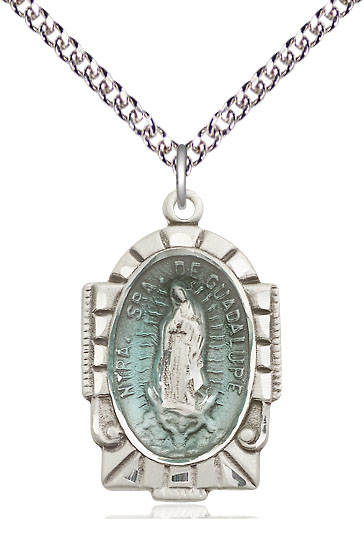 Sterling Silver Our Lady of Guadalupe Pendant on a 24 inch Sterling Silver Heavy Curb chain