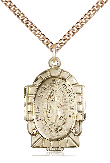 14kt Gold Filled Our Lady of Guadalupe Pendant on a 24 inch Gold Filled Heavy Curb chain