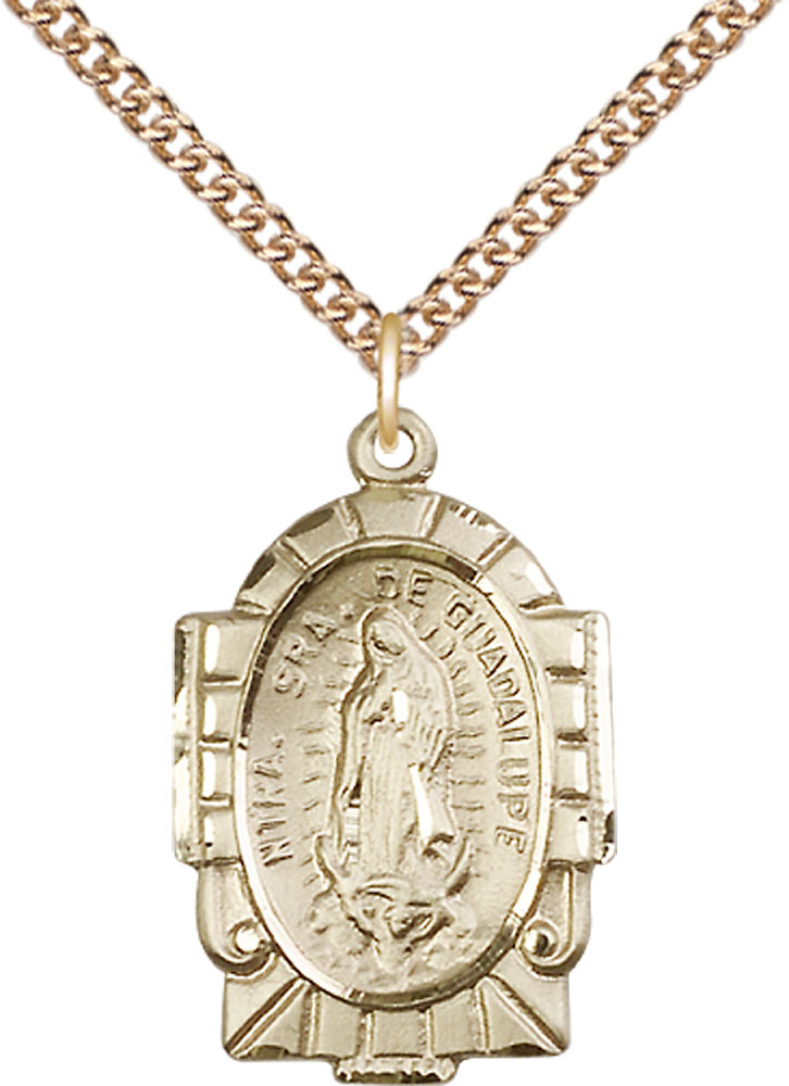 14kt Gold Filled Our Lady of Guadalupe Pendant on a 24 inch Gold Filled Heavy Curb chain