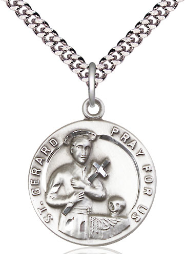 Sterling Silver Saint Gerard Pendant on a 24 inch Light Rhodium Heavy Curb chain