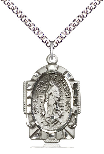 Sterling Silver Our Lady of Guadalupe Pendant on a 24 inch Sterling Silver Heavy Curb chain