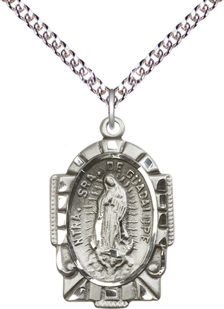 Sterling Silver Our Lady of Guadalupe Pendant on a 24 inch Sterling Silver Heavy Curb chain