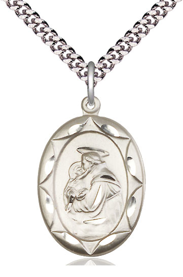 Sterling Silver Saint Anthony Pendant on a 24 inch Light Rhodium Heavy Curb chain