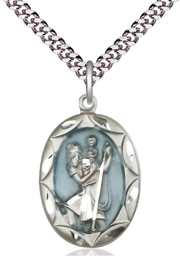 Sterling Silver Saint Christopher Pendant on a 24 inch Light Rhodium Heavy Curb chain