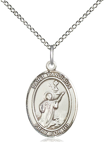 Sterling Silver Saint Tarcisius Pendant on a 18 inch Sterling Silver Light Curb chain