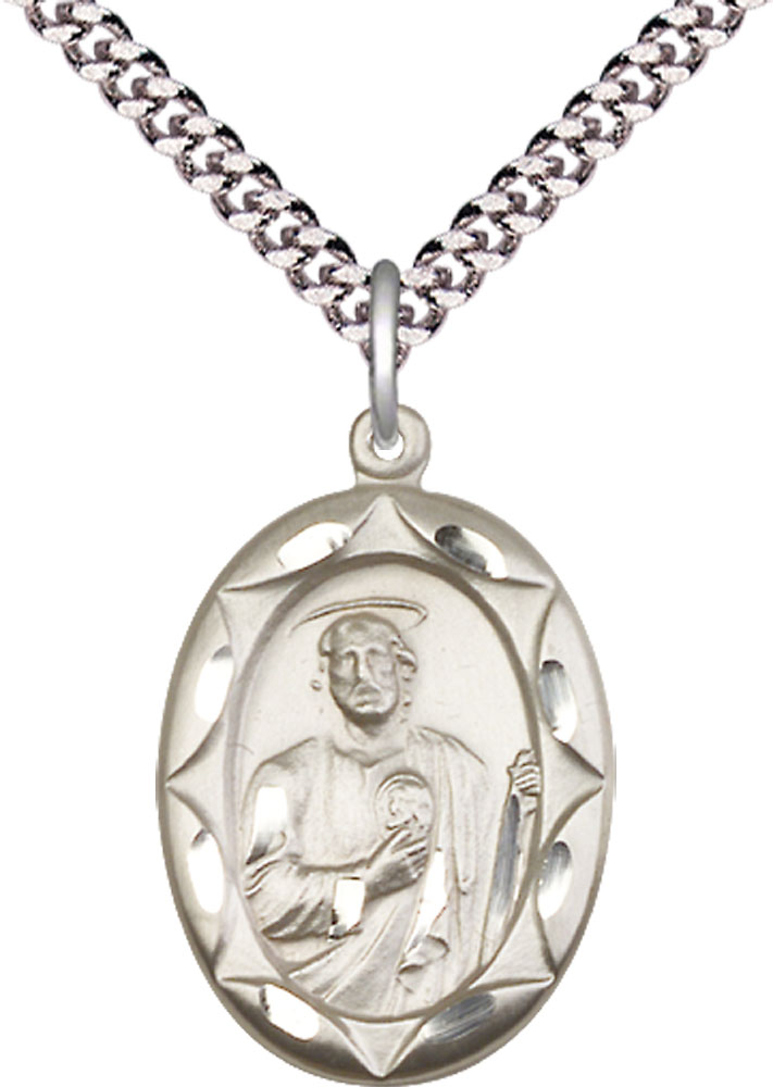 Sterling Silver Saint Jude Pendant on a 24 inch Light Rhodium Heavy Curb chain