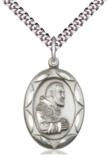 Sterling Silver Saint Pio of Pietrelcina Pendant on a 24 inch Light Rhodium Heavy Curb chain