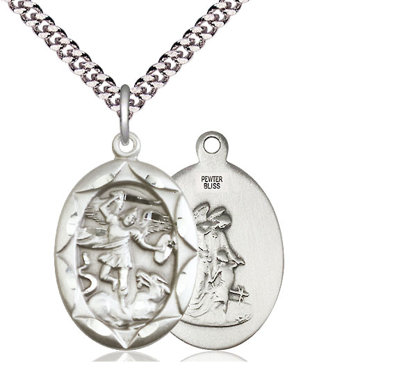 Sterling Silver Saint Michael the Archangel Pendant on a 24 inch Light Rhodium Heavy Curb chain