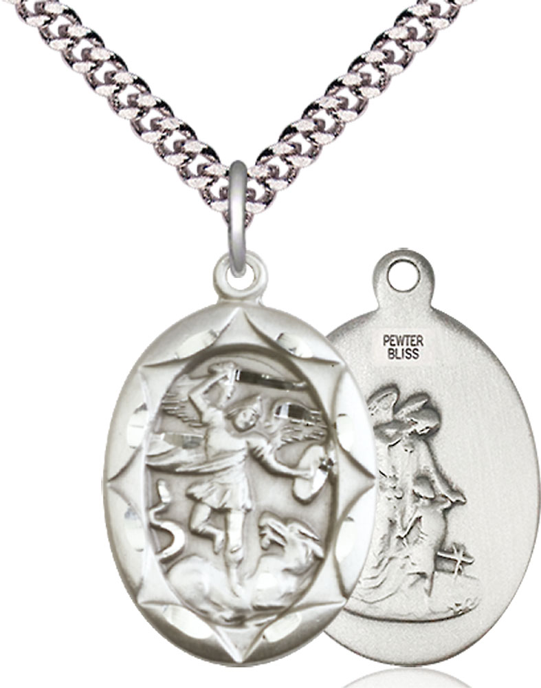 Sterling Silver Saint Michael the Archangel Pendant on a 24 inch Light Rhodium Heavy Curb chain