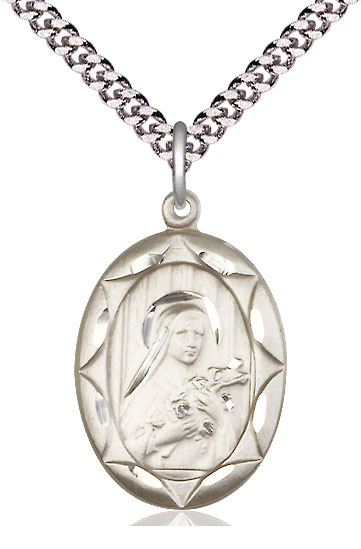 Sterling Silver Saint Theresa Pendant on a 24 inch Light Rhodium Heavy Curb chain