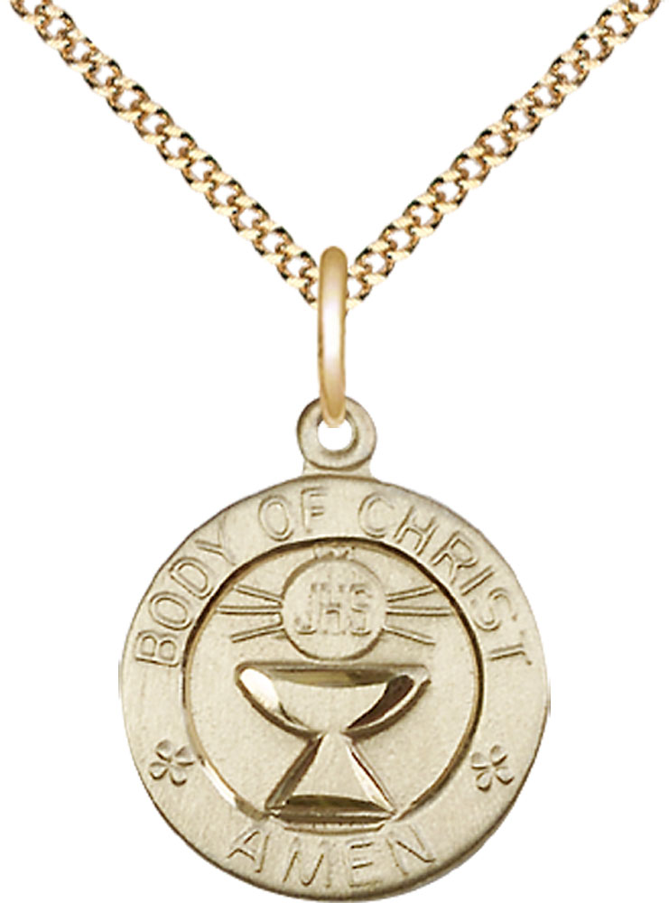 14kt Gold Filled Body of Christ Pendant on a 18 inch Gold Plate Light Curb chain