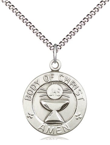 Sterling Silver Body of Christ Pendant on a 18 inch Light Rhodium Light Curb chain
