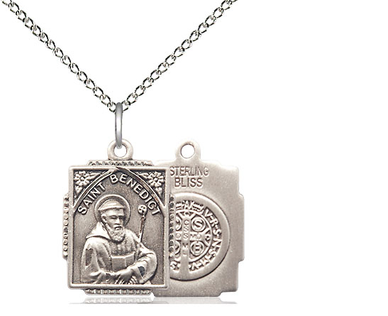 Sterling Silver Saint Benedict Pendant on a 18 inch Sterling Silver Light Curb chain