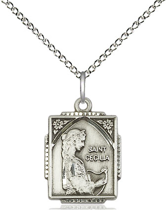 Sterling Silver Saint Cecilia Pendant on a 18 inch Sterling Silver Light Curb chain