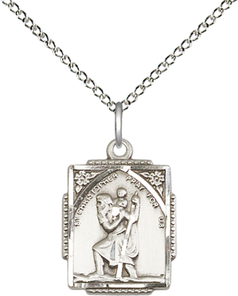 Sterling Silver Saint Christopher Pendant on a 18 inch Sterling Silver Light Curb chain