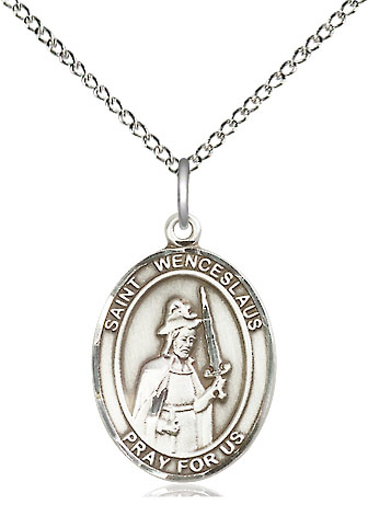 Sterling Silver Saint Wenceslaus Pendant on a 18 inch Sterling Silver Light Curb chain