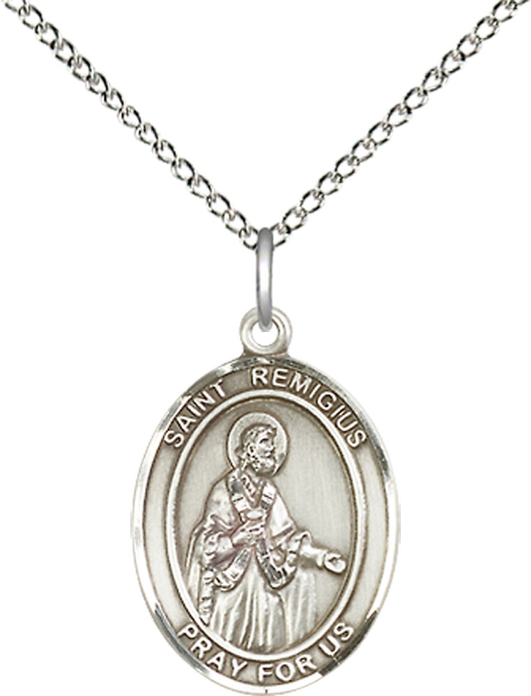 Sterling Silver Saint Remigius of Reims Pendant on a 18 inch Sterling Silver Light Curb chain