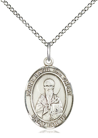 Sterling Silver Saint Basil the Great Pendant on a 18 inch Sterling Silver Light Curb chain