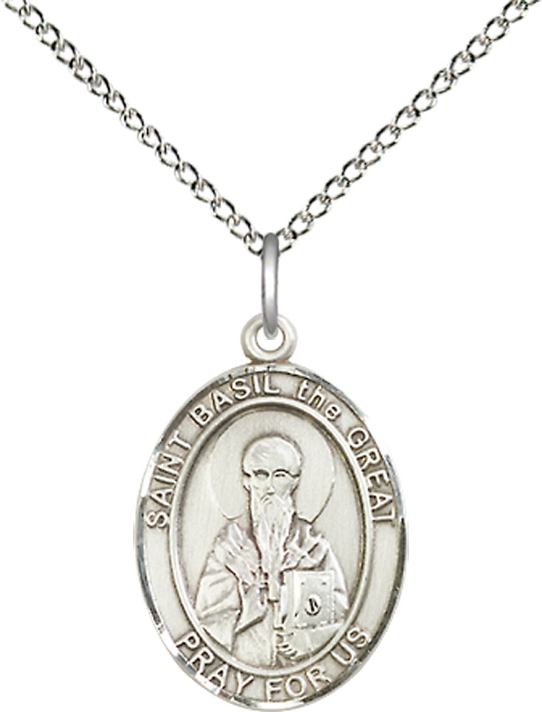 Sterling Silver Saint Basil the Great Pendant on a 18 inch Sterling Silver Light Curb chain