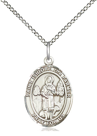 Sterling Silver Saint Isidore the Farmer Pendant on a 18 inch Sterling Silver Light Curb chain