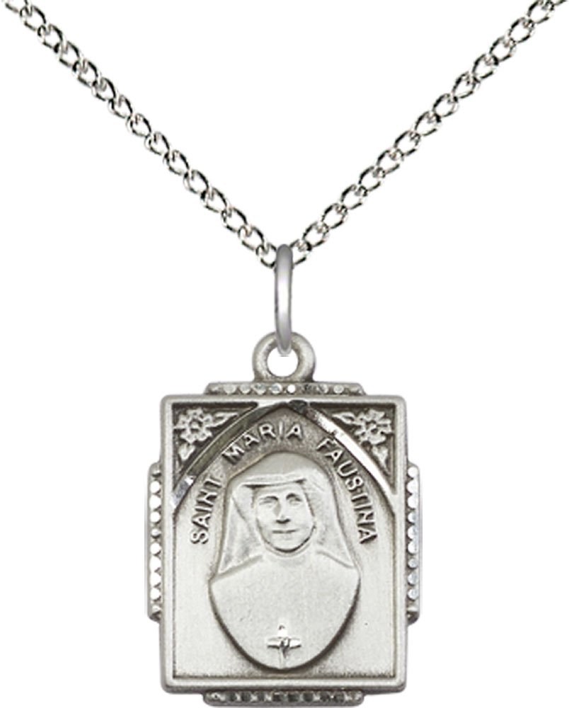 Sterling Silver Saint Maria Faustina Pendant on a 18 inch Sterling Silver Light Curb chain