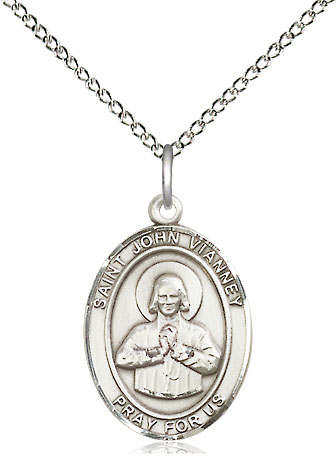 Sterling Silver Saint John Vianney Pendant on a 18 inch Sterling Silver Light Curb chain