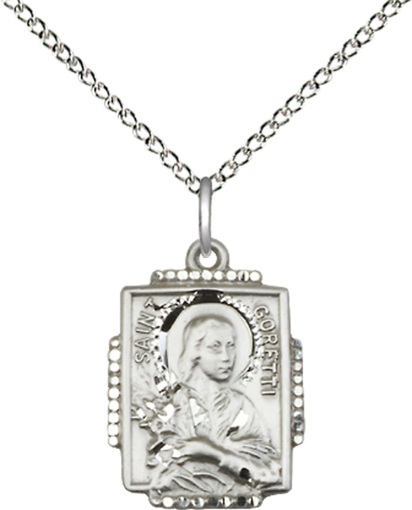 Sterling Silver Saint Maria Goretti Pendant on a 18 inch Sterling Silver Light Curb chain
