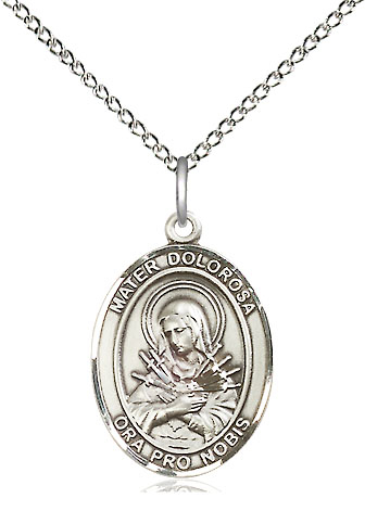 Sterling Silver Mater Dolorosa Pendant on a 18 inch Sterling Silver Light Curb chain