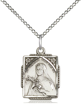 Sterling Silver Saint Theresa Pendant on a 18 inch Sterling Silver Light Curb chain