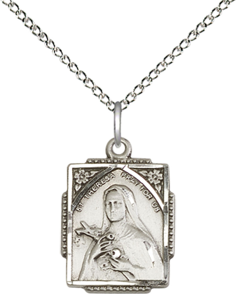 Sterling Silver Saint Theresa Pendant on a 18 inch Sterling Silver Light Curb chain
