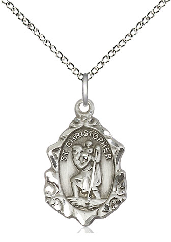 Sterling Silver Saint Christopher Pendant on a 18 inch Sterling Silver Light Curb chain