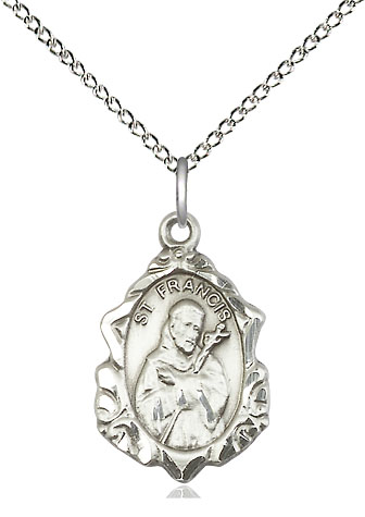 Sterling Silver Saint Francis Pendant on a 18 inch Sterling Silver Light Curb chain