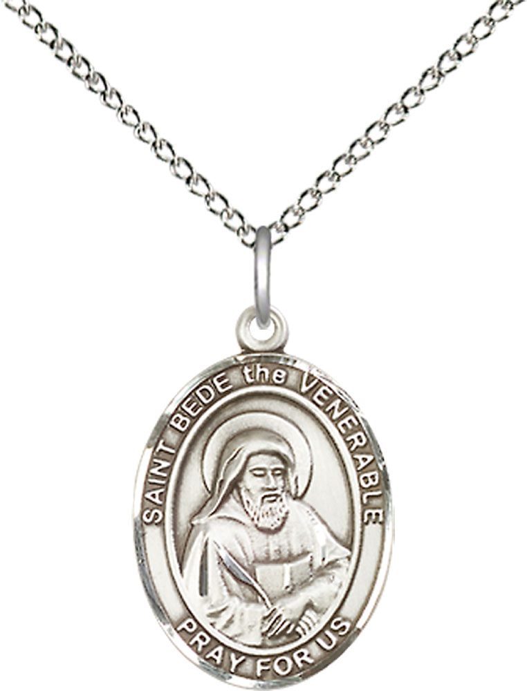 Sterling Silver Saint Bede the Venerable Pendant on a 18 inch Sterling Silver Light Curb chain