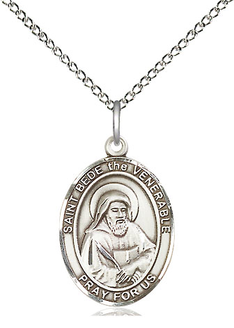 Sterling Silver Saint Bede the Venerable Pendant on a 18 inch Sterling Silver Light Curb chain