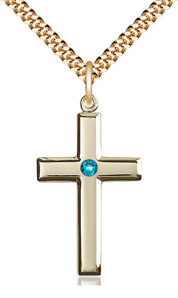14kt Gold Filled Cross Pendant with a 3mm Zircon Swarovski stone on a 24 inch Gold Plate Heavy Curb chain
