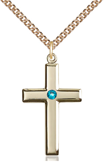 14kt Gold Filled Cross Pendant with a 3mm Zircon Swarovski stone on a 24 inch Gold Filled Heavy Curb chain