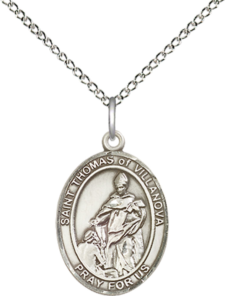 Sterling Silver Saint Thomas of Villanova Pendant on a 18 inch Sterling Silver Light Curb chain