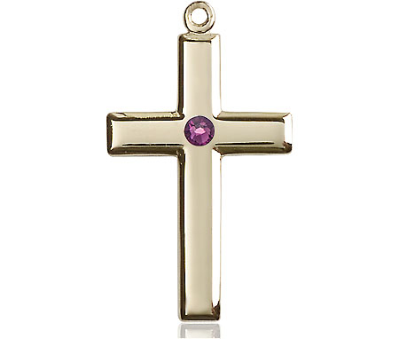 14kt Gold Filled Cross Medal with a 3mm Amethyst Swarovski stone