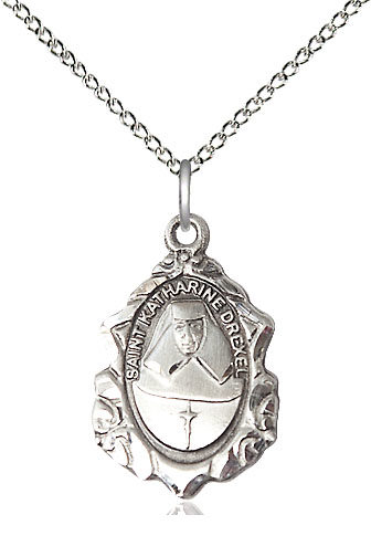 Sterling Silver Saint Katharine Drexel Pendant on a 18 inch Sterling Silver Light Curb chain