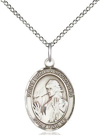 Sterling Silver Saint Finnian of Clonard Pendant on a 18 inch Sterling Silver Light Curb chain